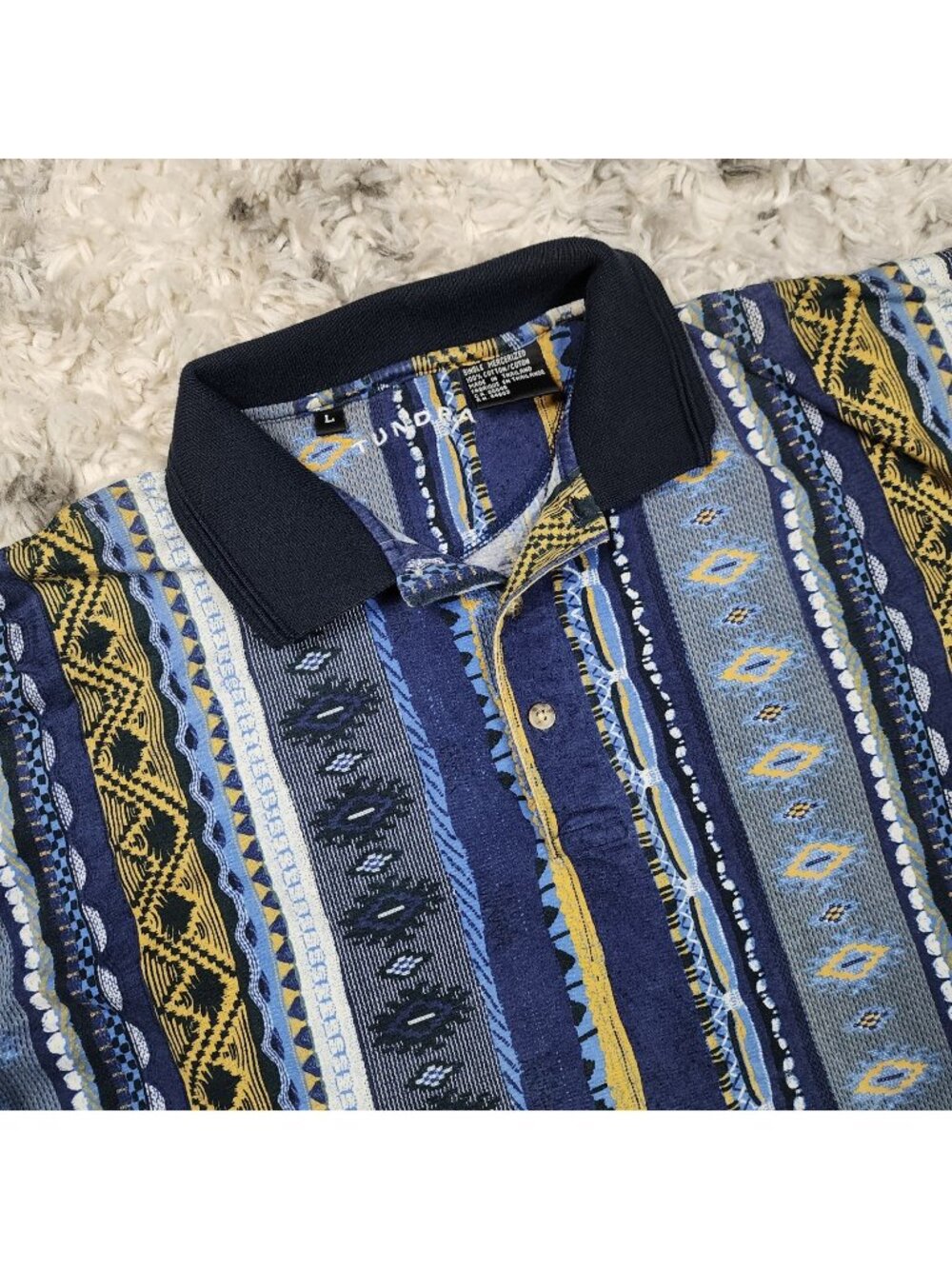 90s Retro Blue Navy and Yellow Patterned Polo Shirt